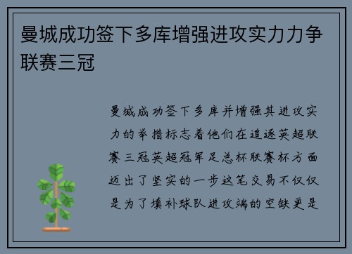 曼城成功签下多库增强进攻实力力争联赛三冠